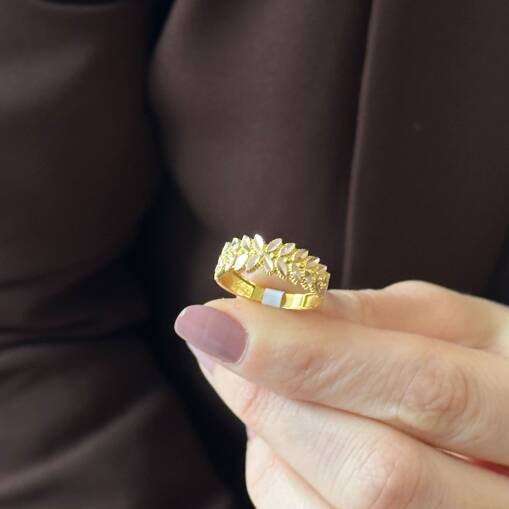 Sarmaşık Yaprak Detaylı 14 Ayar Altın Tasarım Yüzük - 5