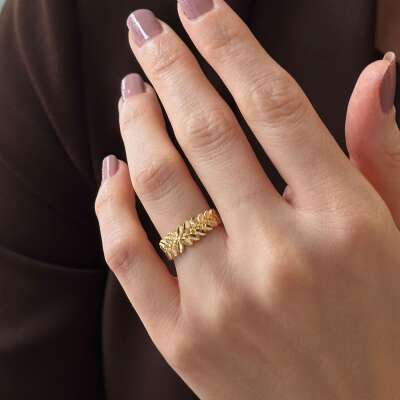 Sarmaşık Yaprak Detaylı 14 Ayar Altın Tasarım Yüzük - 3