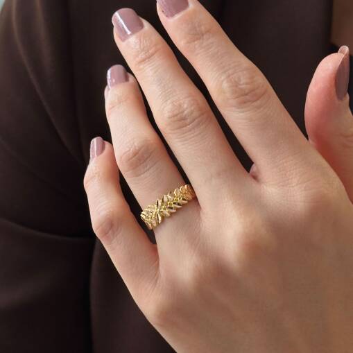 Sarmaşık Yaprak Detaylı 14 Ayar Altın Tasarım Yüzük - 3