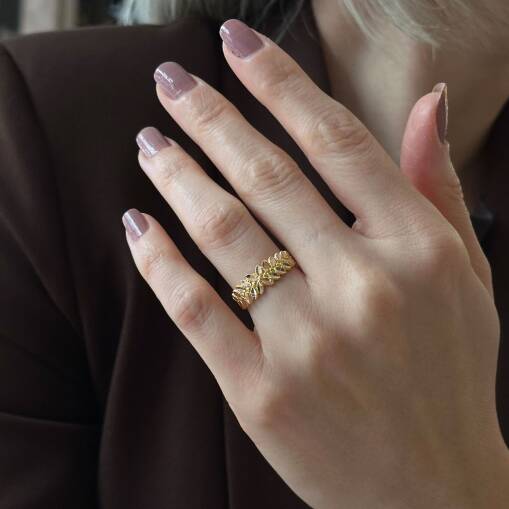 Sarmaşık Yaprak Detaylı 14 Ayar Altın Tasarım Yüzük - 1