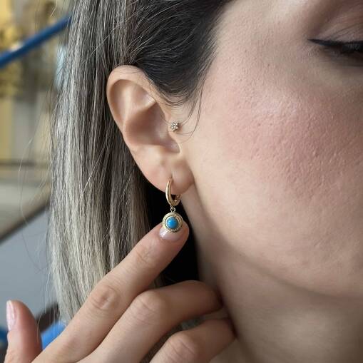 Şık Mavi Firuze Taşlı 14 Ayar Altın Küpe - 1