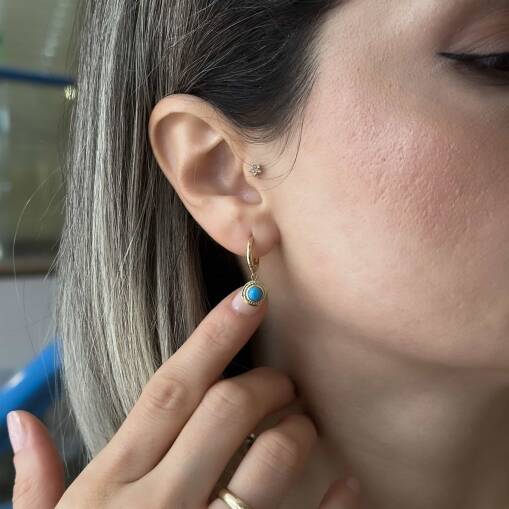 Şık Mavi Firuze Taşlı 14 Ayar Altın Küpe - 2