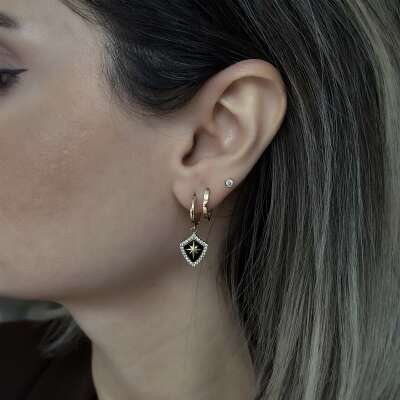 Siyah Mineli Taşlı Altın Kalkan Küpe – Gold Şıklık - 3