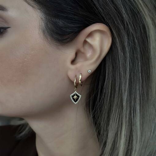 Siyah Mineli Taşlı Altın Kalkan Küpe – Gold Şıklık - 3