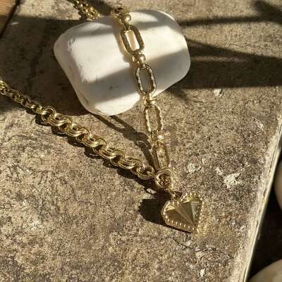 14 Ayar Altın Çift Zincir Tasarım Kalp Kolye - 4