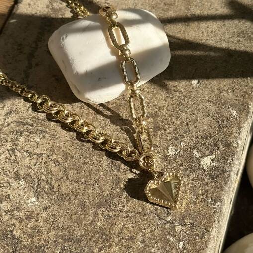 14 Ayar Altın Çift Zincir Tasarım Kalp Kolye - 4