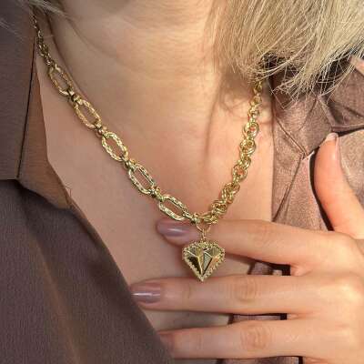 14 Ayar Altın Çift Zincir Tasarım Kalp Kolye - 3