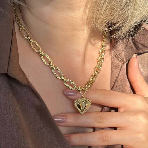 14 Ayar Altın Çift Zincir Tasarım Kalp Kolye - 3