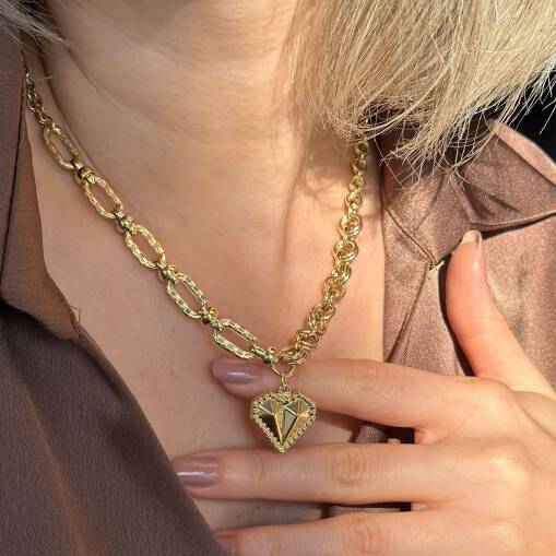 14 Ayar Altın Çift Zincir Tasarım Kalp Kolye - 2