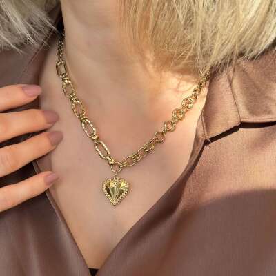 14 Ayar Altın Çift Zincir Tasarım Kalp Kolye - ENGİNGOLD MAZ