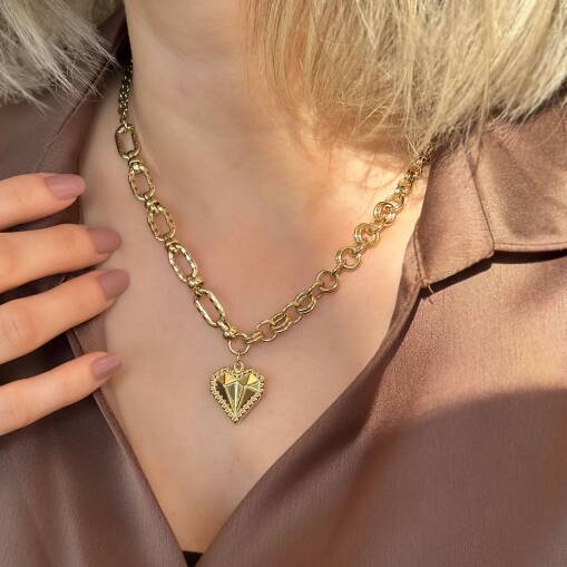 14 Ayar Altın Çift Zincir Tasarım Kalp Kolye - 1