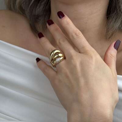 14 Ayar Altın Taşlı Yüzük – Kıvrımlı Bombe Sarmal - 2