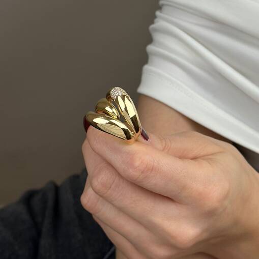 14 Ayar Altın Taşlı Yüzük – Kıvrımlı Bombe Sarmal - 5