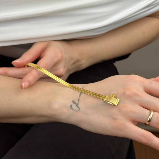 Trabzon Hasır Bileklik 14 Ayar Altın | İnce Üç Sıra - 6