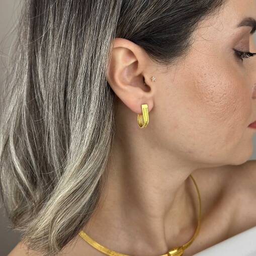 Trabzon Hasır Küpe 14 Ayar Altın | İnce Üç Sıra - 2