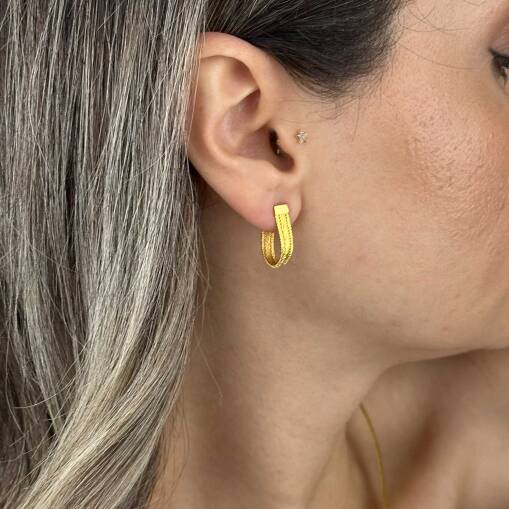 Trabzon Hasır Küpe 14 Ayar Altın | İnce Üç Sıra - 3