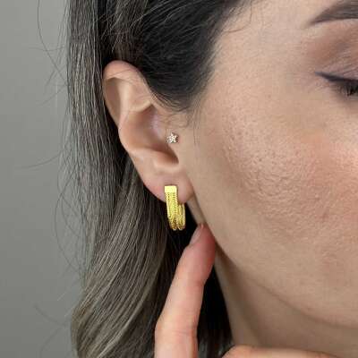 Trabzon Hasır Küpe 14 Ayar Altın | İnce Üç Sıra - 5