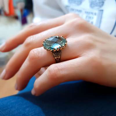 Yeşil Topaz Taşlı Yüzük 14k Altın - 4