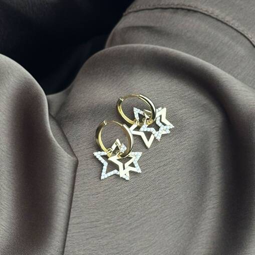 14 Ayar Altın Taşlı Yıldız Küpe – Modern Şıklık - 7