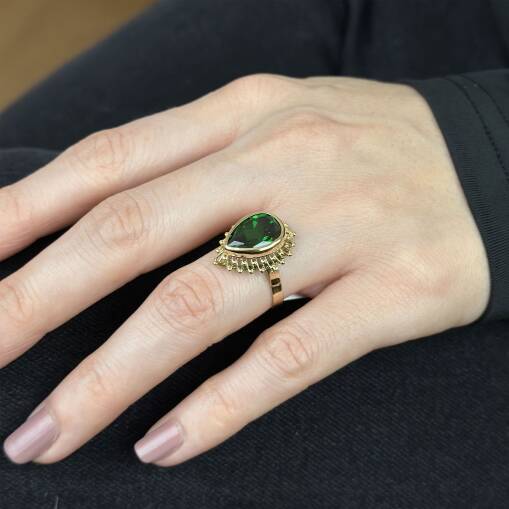 Zümrüt Yeşil Damla Taşlı Güverse Yüzük 14 Ayar Altın - 1