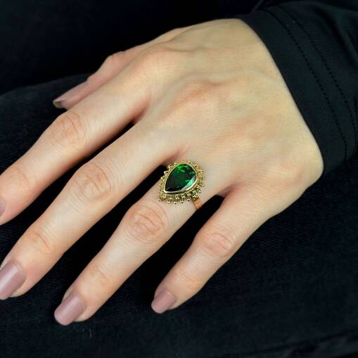 Zümrüt Yeşil Damla Taşlı Güverse Yüzük 14 Ayar Altın - 2