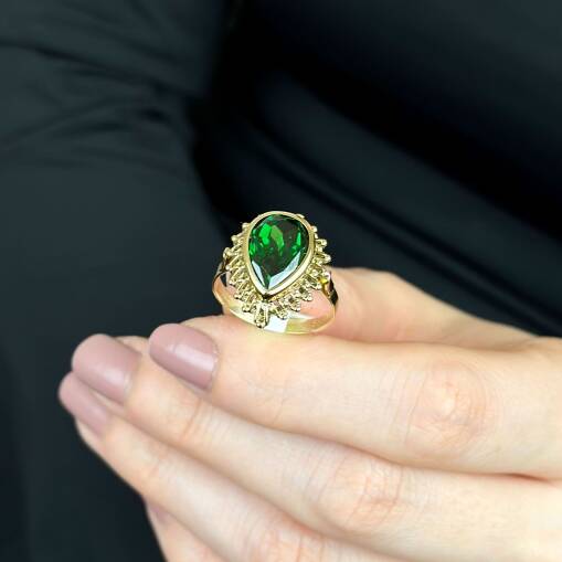 Zümrüt Yeşil Damla Taşlı Güverse Yüzük 14 Ayar Altın - 3