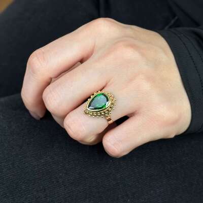 Zümrüt Yeşil Damla Taşlı Güverse Yüzük 14 Ayar Altın - 4