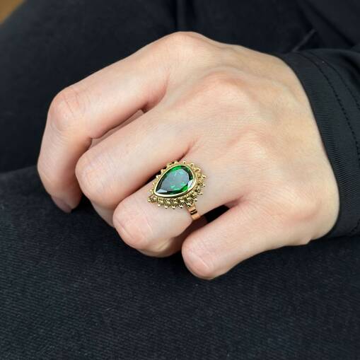 Zümrüt Yeşil Damla Taşlı Güverse Yüzük 14 Ayar Altın - 4